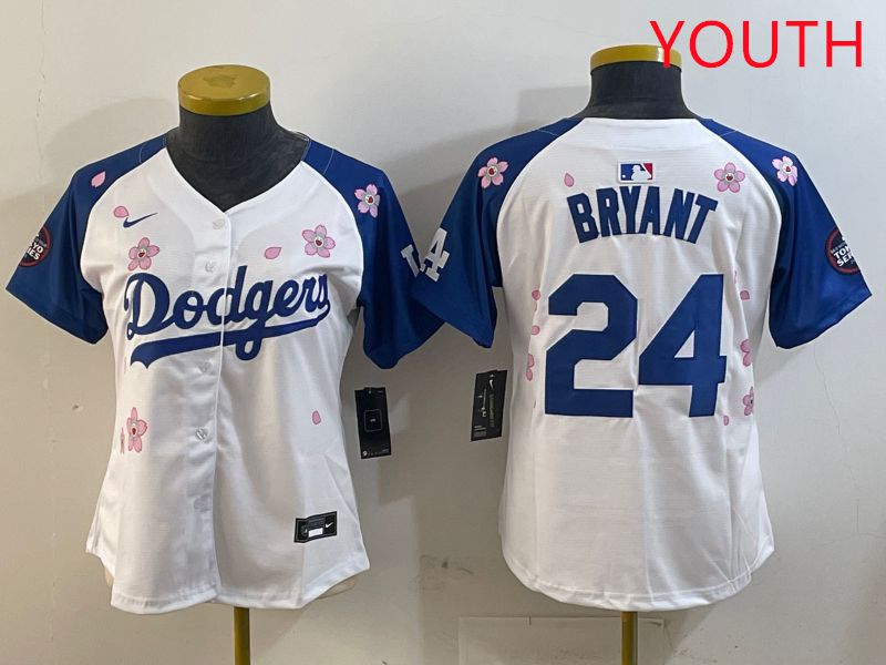 Youth Los Angeles Dodgers #24 Bryant White Blue Sakura Edition 2025 Nike MLB Jersey style 1